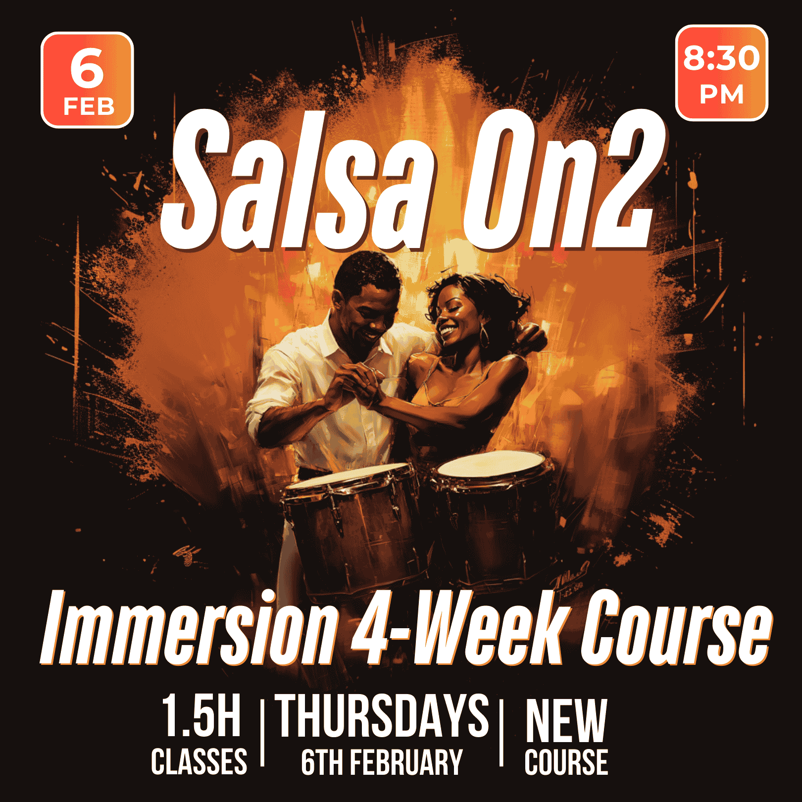 🎶 Salsa On2 Immersion – A 4-week course for intermediate & advanced dancers to refine their On2 technique, musicality, and connection.