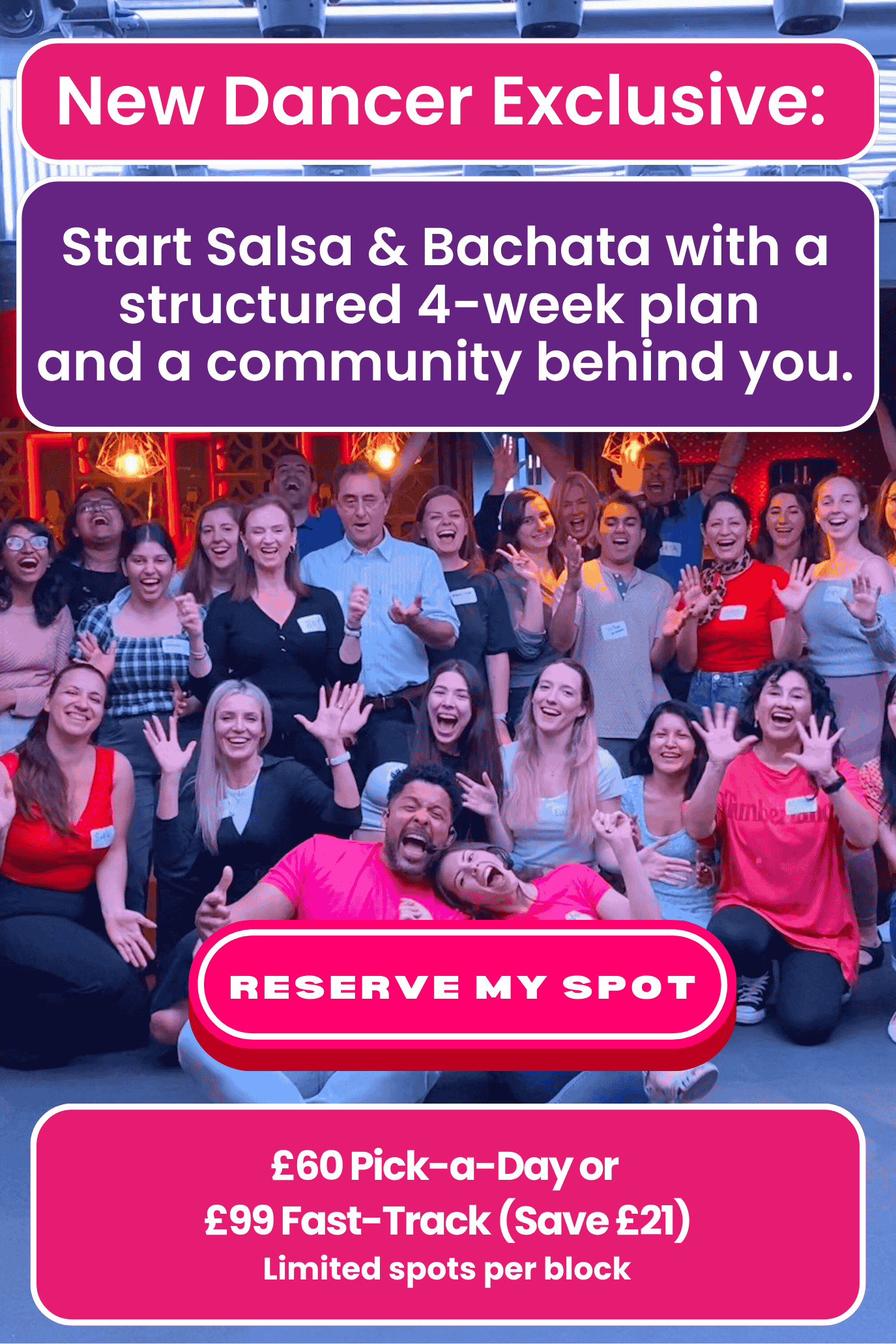 Group of happy salsa and bachata students smiling after a class at Latin Roots Dance Academy in Edinburgh, with instructors Wellington and Eleana in the front.