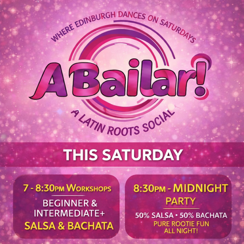 atin dancers enjoying salsa and bachata at A Bailar! social dance night in Edinburgh – colourful dance floor and vibrant atmosphere at The Edinburgh Academy.